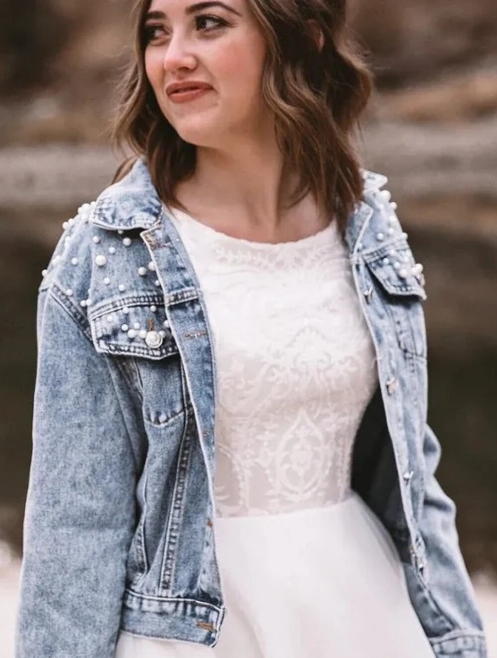 NWT Confetti Avenue X Mrs Just Married Pearl-Embellished Light Blue Denim Jacket